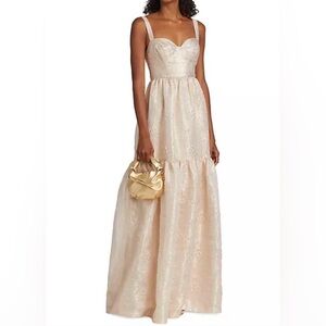 Monique Lhuillier Tiered Metallic Jacquard Gown in Champagne